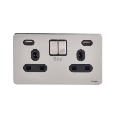 Schneider GGBGU3424DBSS Ultimate Switched Socket 2 USB Charger 2 Gang 13A Stainless Steel Black