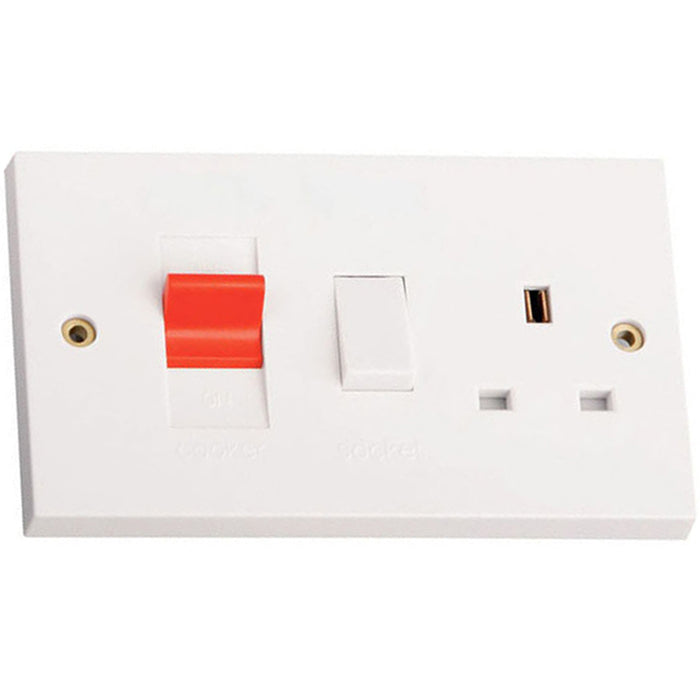 Newlec NL8350 Cooker Control Unit Square Edge 2 Gang 45A White with Socket