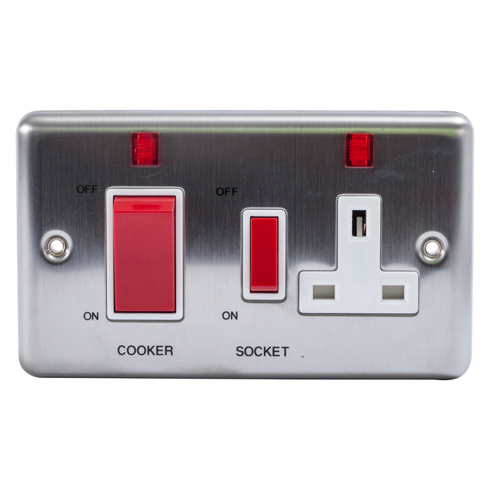 Newlec NLBS8945/2NS Cooker Control Unit Decorative 2 Gang 45A Brushed Steel with Socket+Neon