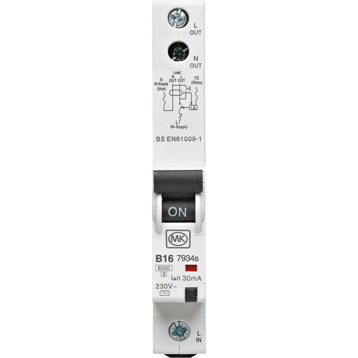 MK Electric H7934S Sentry RCBO SPN Class AC Type B 1 Module 16A 30mA 6kA