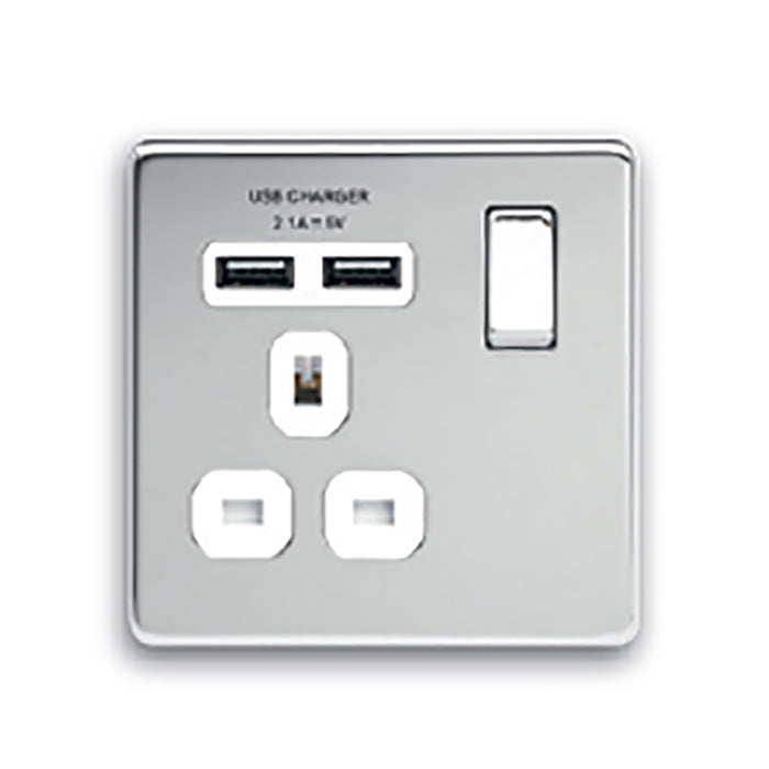 Newlec NLFP8900/S1USBPC Socket Outlet Switched Decorative Flatplate Screwless 1 Gang 13A Polished Chrome with 2 x USB Charger