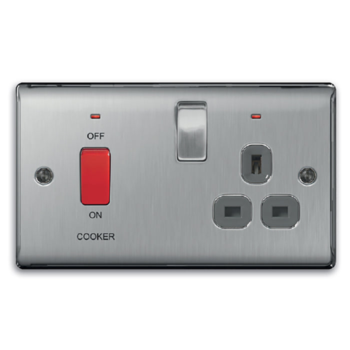 Newlec NLRE8945/2NSBS Cooker Control Unit Decorative Raised Edge 2 Gang 45A Brushed Steel with Socket+LED