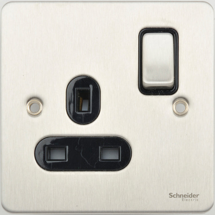 Schneider GU3210BSS Socket 1 Gang Single Pole Switched 13A Stainless Steel Black Insert