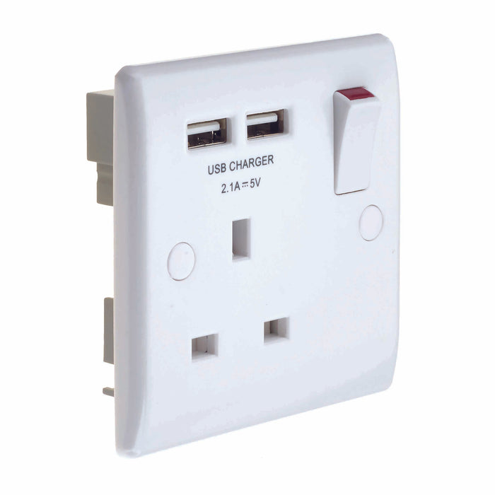 Newlec NLSL8300/S1USB Socket Outlet Switched Slimline Curved Edge Single Pole 1 Gang 13A White with 2 x 3.1A 5V USB Charger