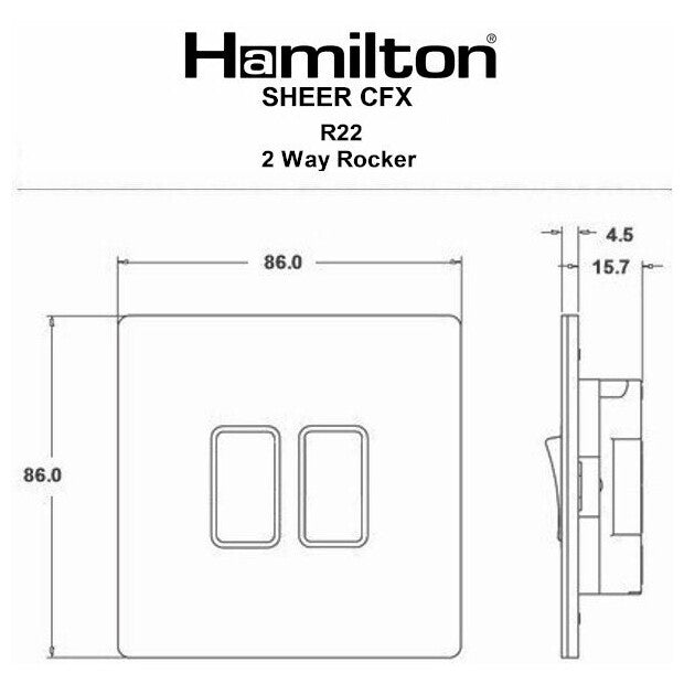 Hamilton 8WPCR22WH-W Rocker Switch 2 Gang 2 Way 10A 86 X 86mm Primed White/ White Insert