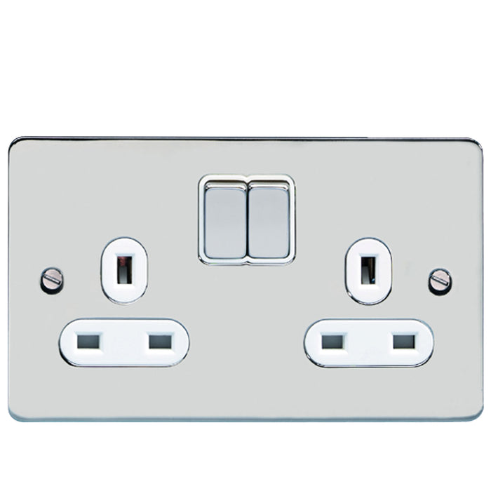 Schneider GU3220WPC Ultimate Flat Plate 13A Switched Socket 2 Gang SP Polished Chrome/ White Insert