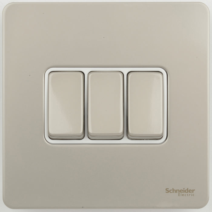 Schneider GU1432WPN Plate Switch 3 Gang 2 Way SP SCRWLS 16AX Pearl Nickel/ White Insert