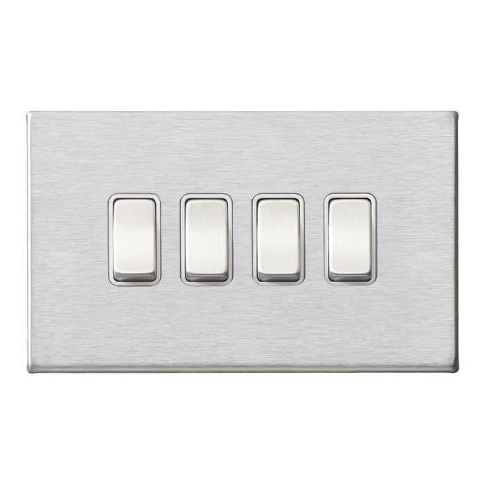 Hamilton 7G24R24SS-W Rocker Switch 4 Gang 2 Way 10A 146 x 86mm Satin Steel White Insert