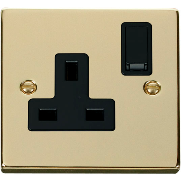 Click Scolmore VPBR035BK Socket 1 Gang DP Switched 13A Polished Brass Black Insert Victorian