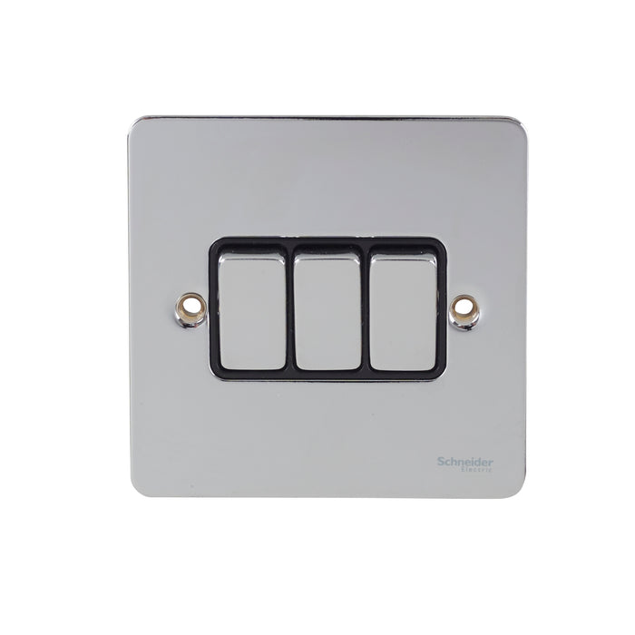 Schneider GU1232BPC Ultimate Flat plate, 1-pole 2-way plate switch, 3 gangs, chrome