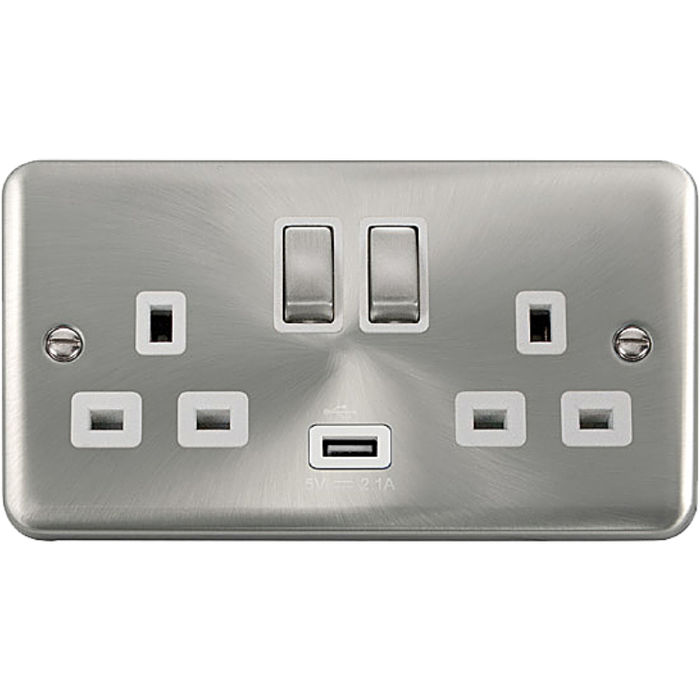 Click Scolmore DPSC570WH Socket Ingot 2 Gang Switched & 2.1A USB Outlet 13A Satin Chrome White Insert