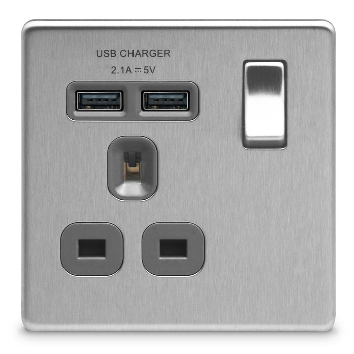 Newlec NLFP8900/S1USBBS Socket Outlet Switched Decorative Flatplate Screwless 1 Gang 13A Brushed Steel with 2 x USB Charger