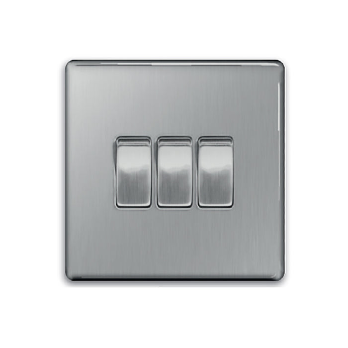 Newlec NLFP8910/32BS Switch Plate Decorative Flatplate Screwless 3 Gang 2 Way 10A Brushed Steel