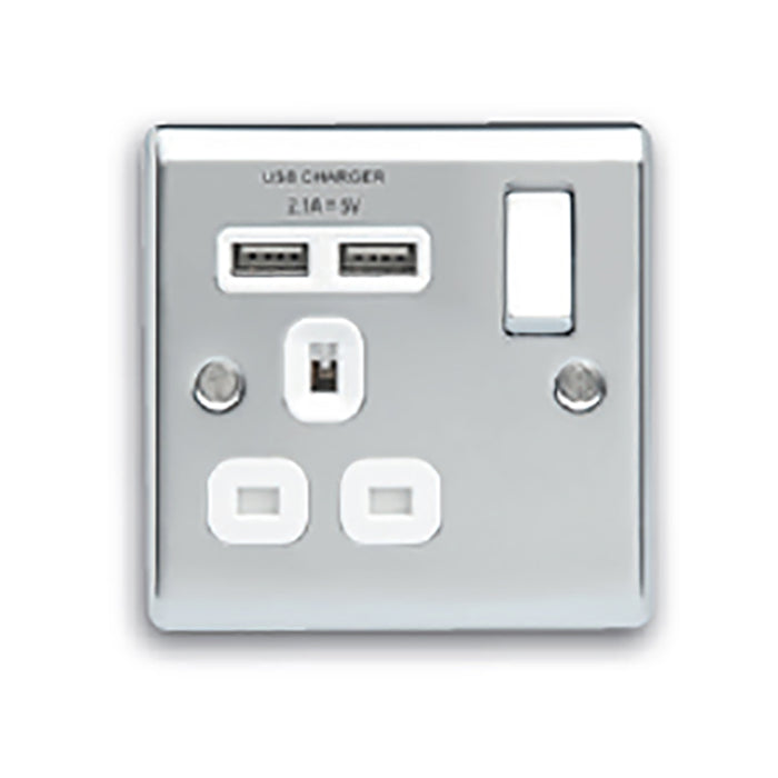 Newlec NLRE8900/S1USBPC Socket Outlet Switched Decorative Raised Edge 1 Gang 13A Polished Chrome with 2 x USB Charger