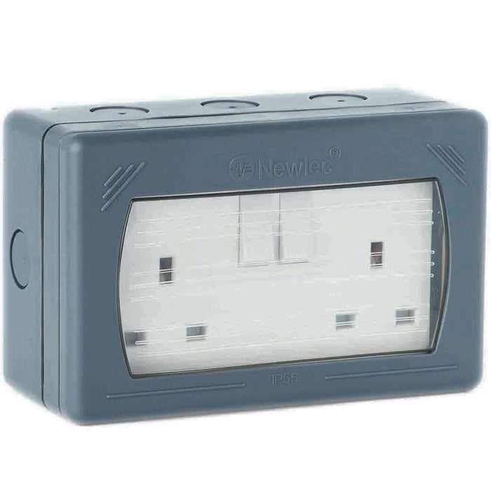 Newlec NL8600/22SW Socket Weatherproof Unswitched 2 Gang 13A IP55 Grey/Clear