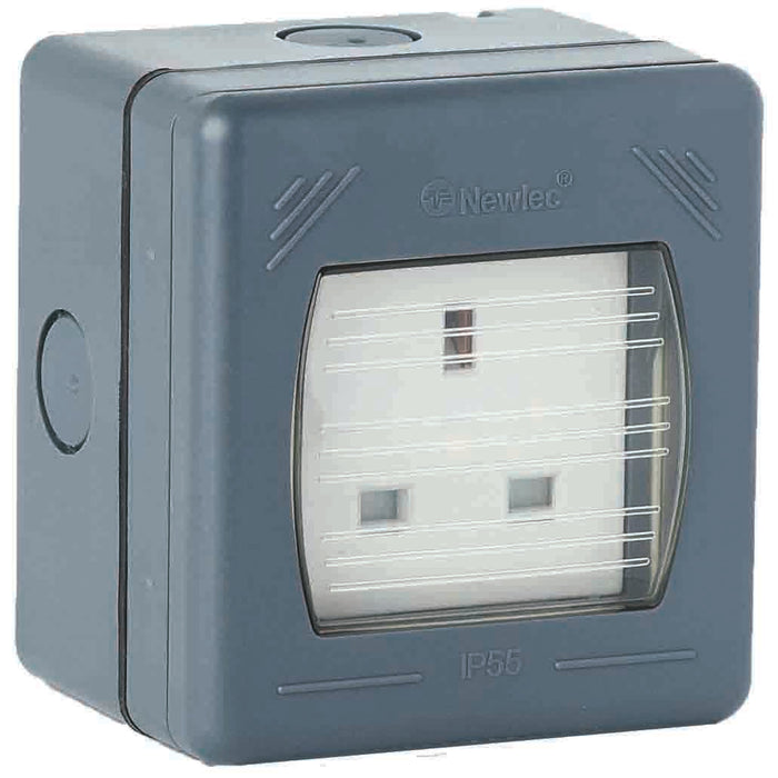 Newlec NL8600/1N Socket Weatherproof Unswitched 1 Gang 13A IP55 Grey/Clear