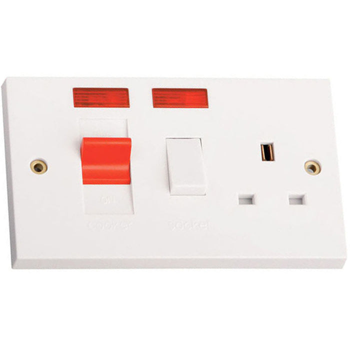 Newlec NL8350N Cooker Control Unit Square Edge 2 Gang 45A White with Socket+Neon
