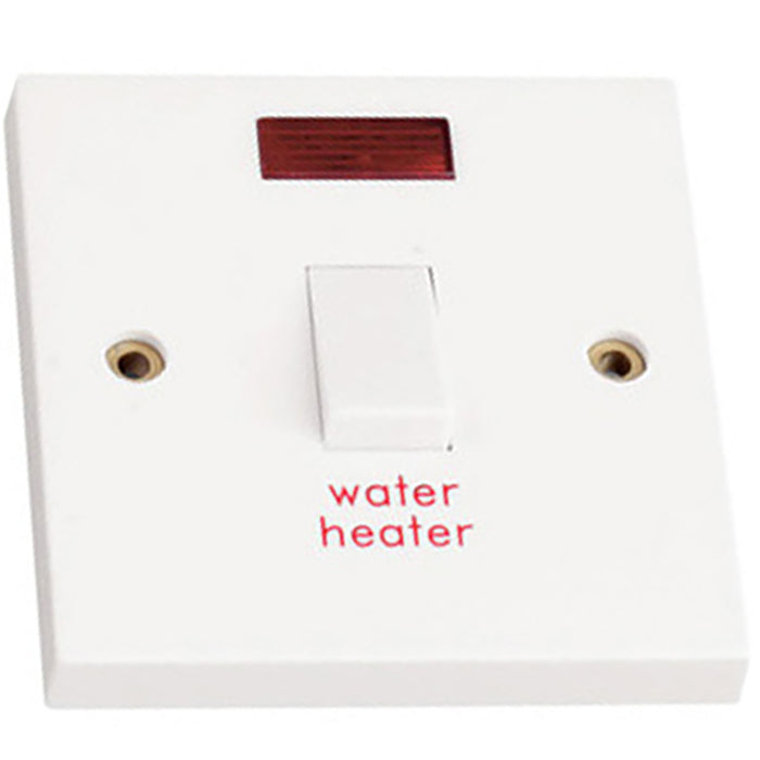 Newlec NL8320SNWH Switch Double Pole Marked 'Water Heater' Square Edge 1 Gang 20A White with Neon