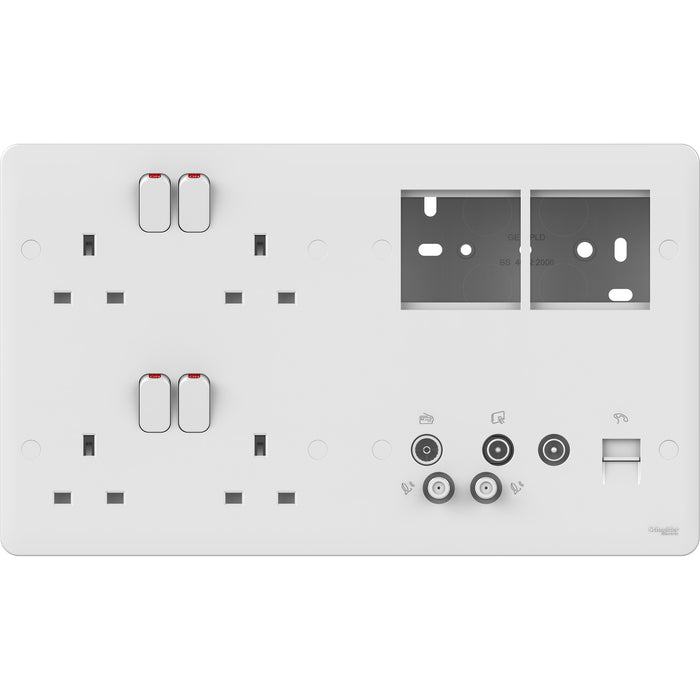 Schneider GGBL3020D4MP Media Plate 2 x 2 Gang Socket + 2 x 2 Euromodule White Bt Sec + Tv Return