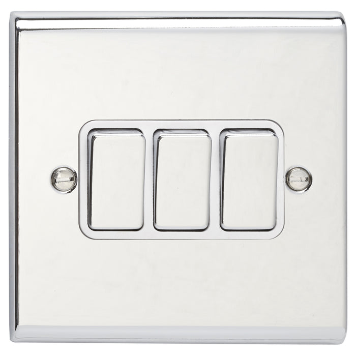 Deta SD1205CHW Plate Switch 3 Gang 2 Way 10A Chrome White Insert