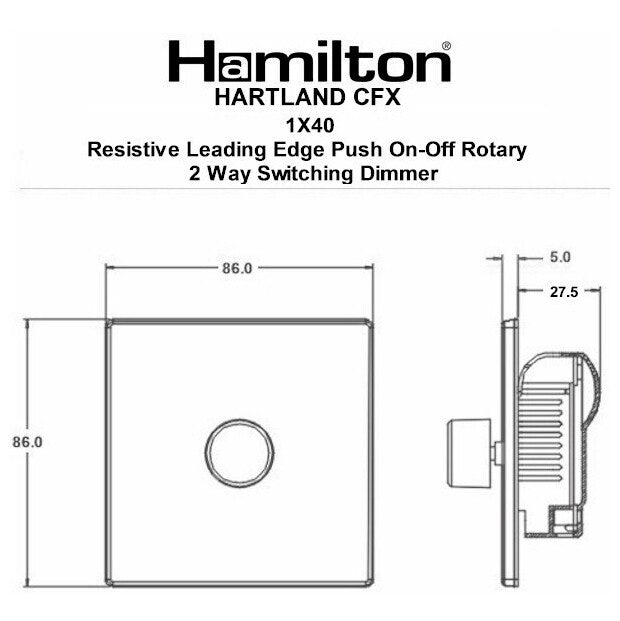 Hamilton 72C1X40 Dimmer Switch 1 Gang 2 Way Push On/Off 400W 86X86mm Satin Brass