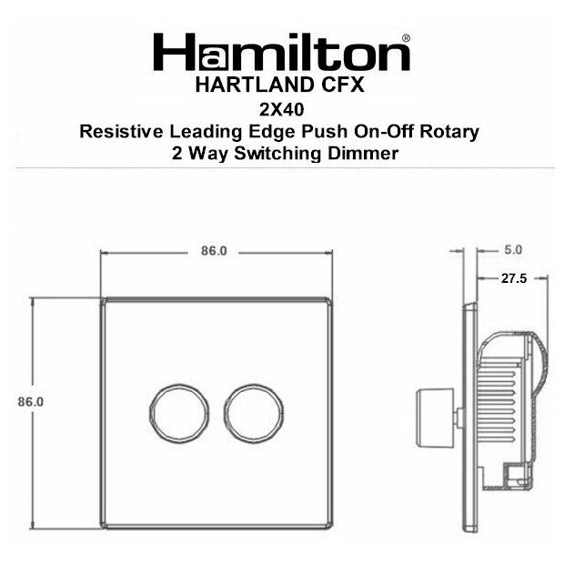 Hamilton 72C2X40 Dimmer Switch 2 Gang 2 Way Push On/Off 400W 86X86mm Satin Brass
