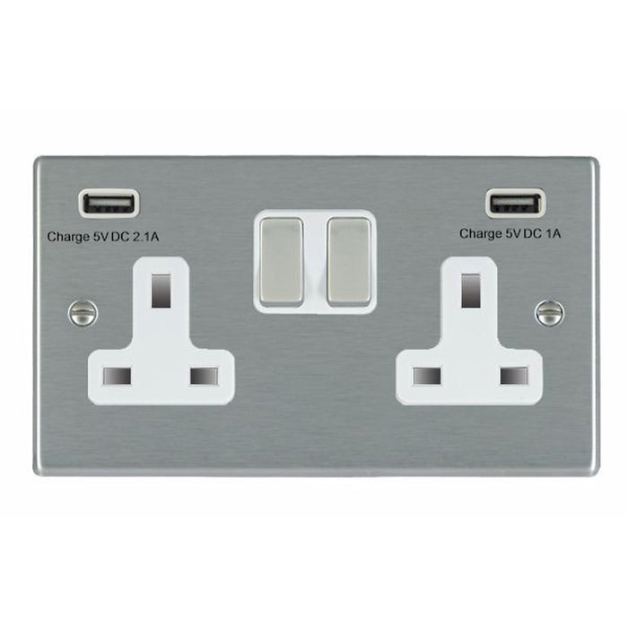 Hamilton 74SS2USBSS-W Hartland Switched Socket Outlet with 2 USB 2-Gang 2-Pole 13A White Insert Satin Stainless