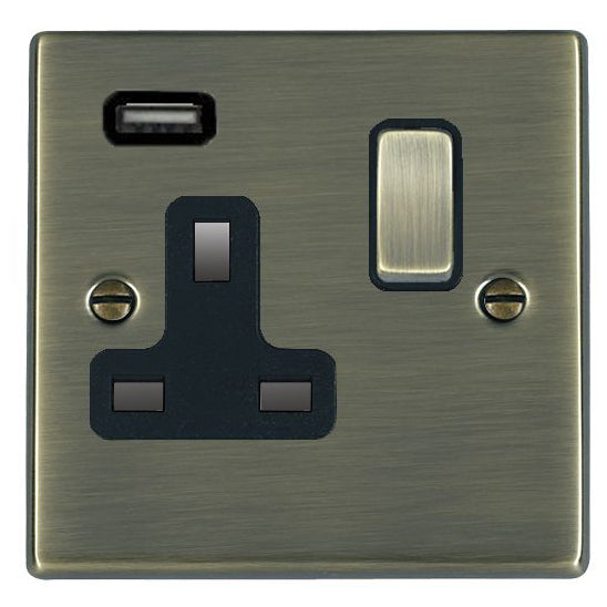 Hamilton 79SS1USBAB-B Socket 1 Gang SP Switched USB Outlet 13A 88 X 88mm Antique Brass 1X2.1A Black