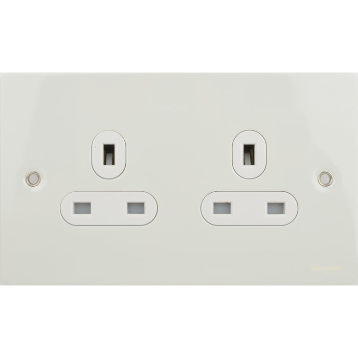 Schneider GU3260WPW Ultimate Flat Plate Unswitched Socket 2 Gang White Metal