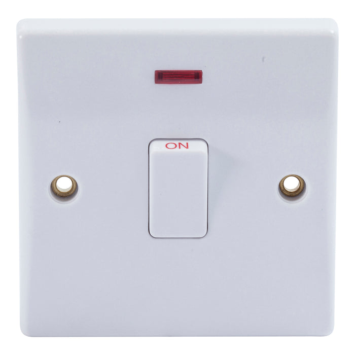 Newlec NLSL8320/SNF Switch Double Pole Slimline Curved Edge 1 Gang 20A White with Neon+Flex Outlet
