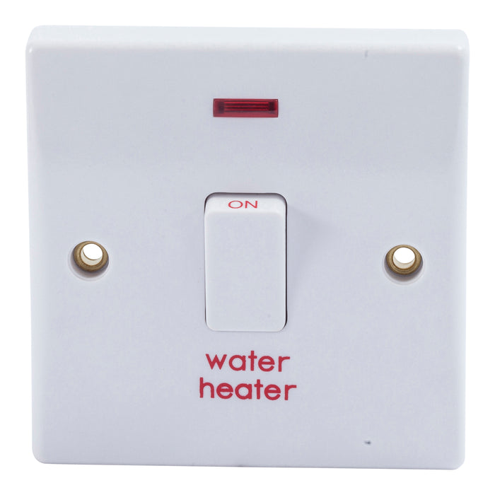 Newlec NLSL8320/WH Switch Double Pole Marked 'Water Heater' Slimline Curved Edge 1 Gang 20A White with Neon+Flex Outlet