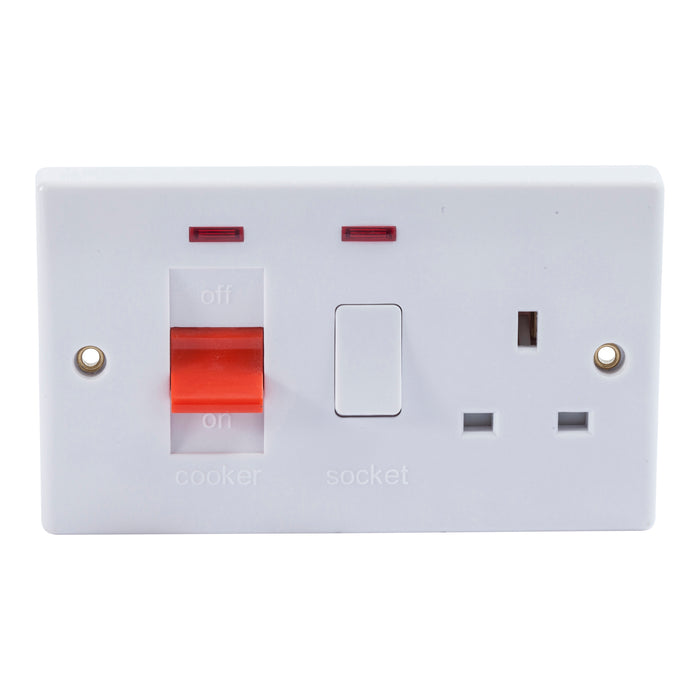 Newlec NLSL8345/2NS Cooker Control Unit Slimline Curved Edge 2 Gang 45A White with Socket+Neon