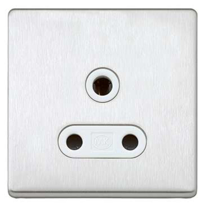 MK Electric K24381BSSW Socket 1 Gang Unswitched 3 Pin Round 5A Brushed Stainless Steel White Insert