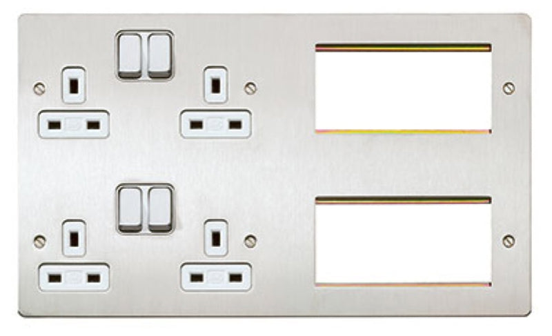 MK Electric K14100BSSW Socket 4 Gang DP Dual Earth & 8 Module 13A Brushed Stainless Steel Euro Sta