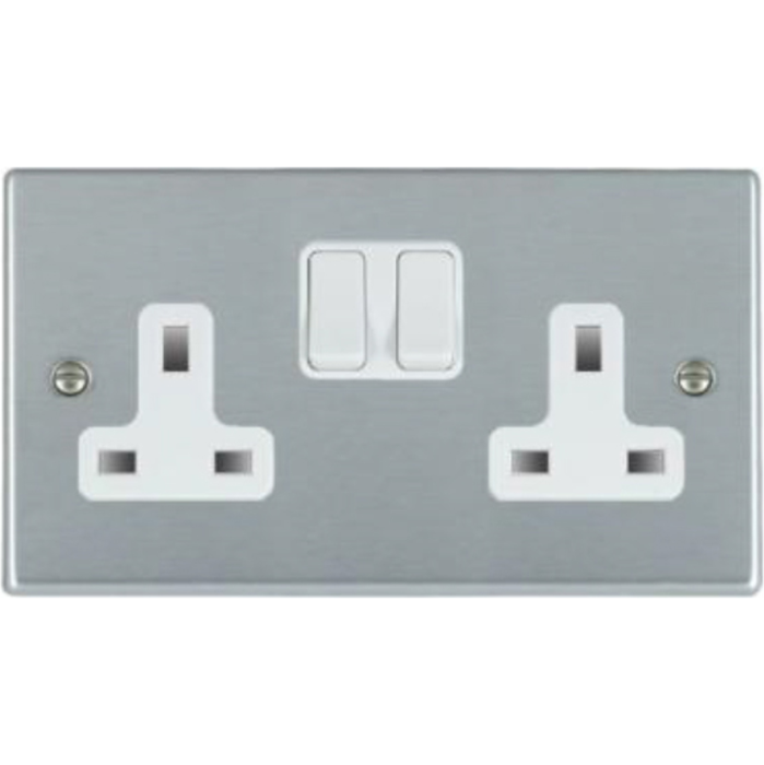 Hamilton 76SS2WH-W Socket 2 Gang Switched 13A Satin Chrome/White Insert