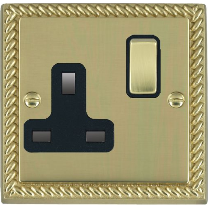 Hamilton 90SS1PB-B Socket 1 Gang Switched 13A 88 X 88mm Polished Brass/Polished  Brass Black Insert