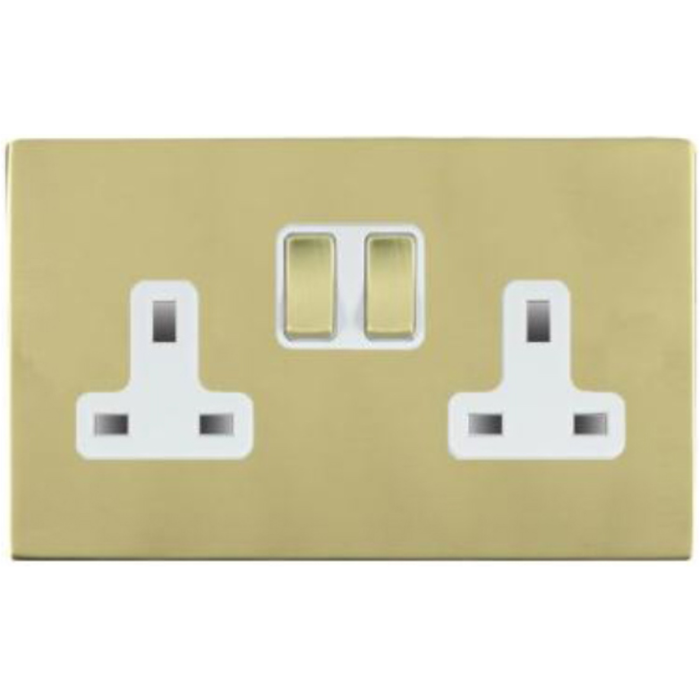 Hamilton 81CSS2PB-W Socket Switched 2 Gang 13A Polished Brass White Insert