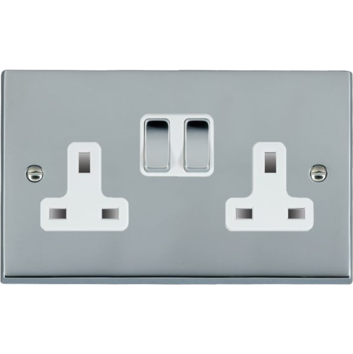 Hamilton 95SS2BC-W Socket Switched 2 Gang 13A Bright Chrome White Insert