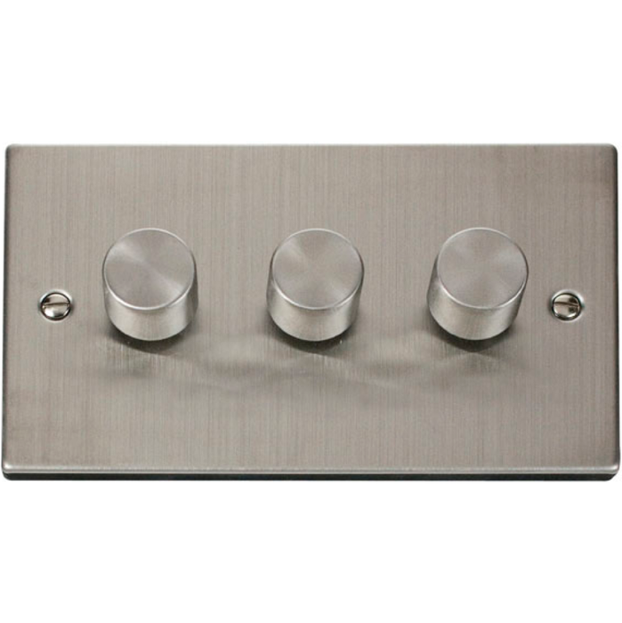 Click Scolmore VPSS153 Dimmer Switch 3 Gang 2 Way 3X400W Stainless Steel Black & White Gasket