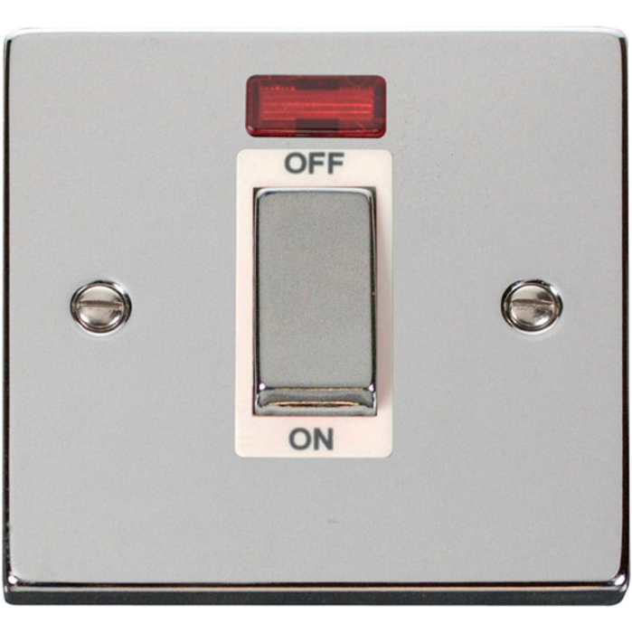 Click Scolmore VPCH501WH Victorian Polished Chrome White Insert 45A Ingot 1 Gang Double Pole Plate Switch With Neon