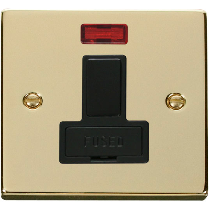 Click Scolmore VPBR652BK Connection Unit Switched Fused & Neon 13A Polished Brass Black Insert Victorian