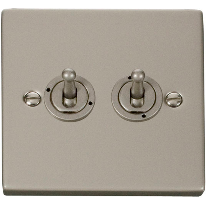Click Scolmore VPPN422 Toggle Switch 2 Gang 2 Way 10A Pearl Nickel Black & White Gasket