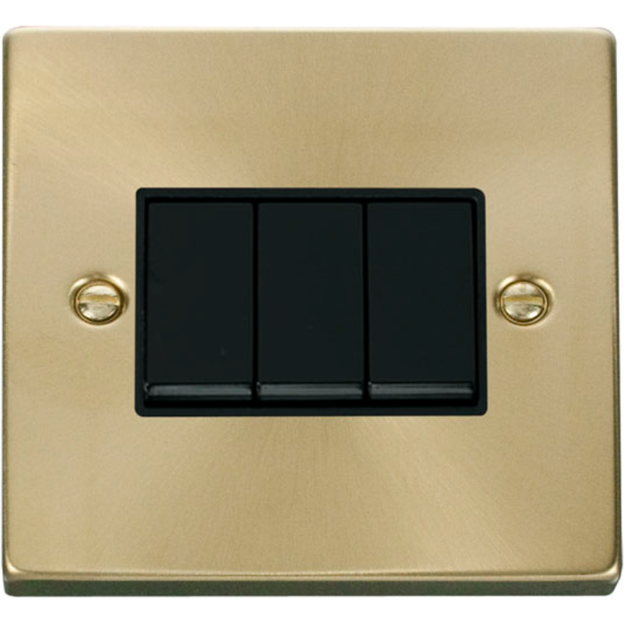 Click Scolmore VPSB013BK Plate Switch 3 Gang 2 Way 10A Satin Brass Black Insert Victorian