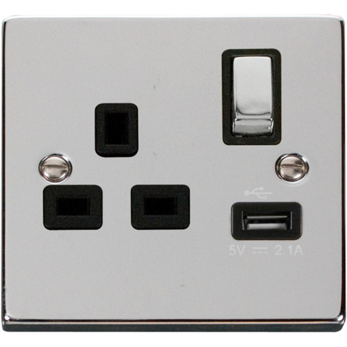 Click Scolmore VPCH571BK Socket Ingot 1G Switched USB Outlet 13A 2.1A Polished Chrome Black Insert Victorian