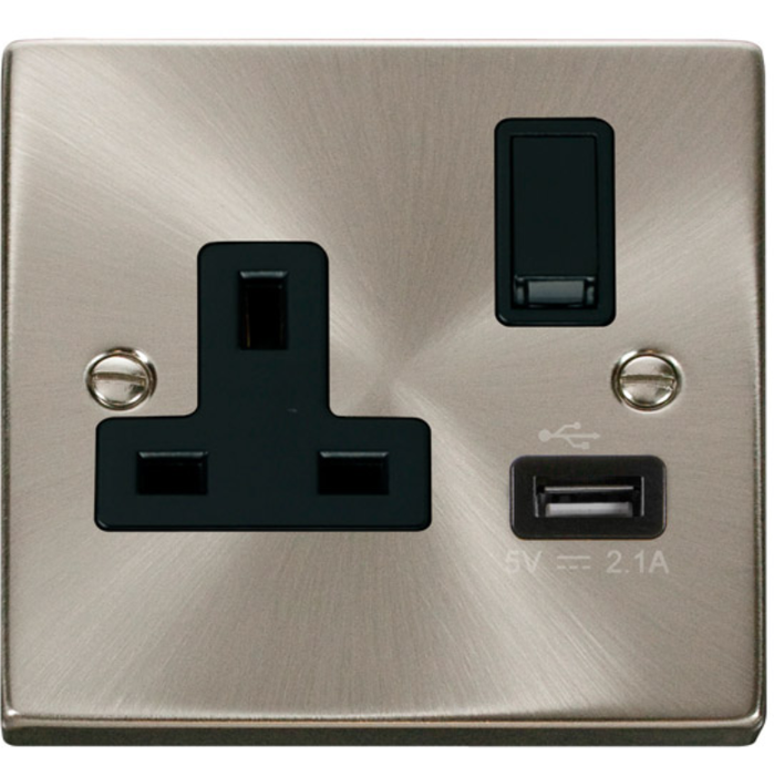 Click Scolmore VPSC771BK Victorian Satin Chrome Black Insert 13A Ingot 1 Gang Switched Socket Outlet With Single 21A USB Outlet