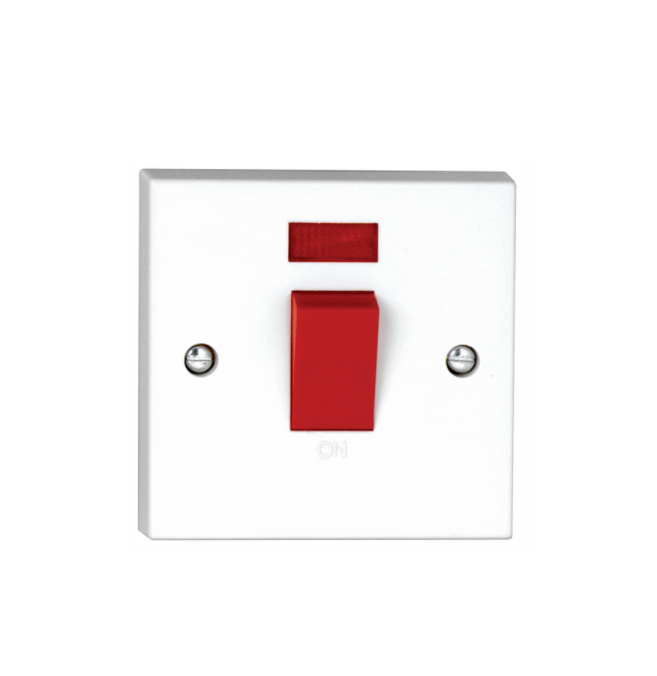Deta V1300P Control Switch 1 Gang DP Neon 50A White Moulded Red Rocker