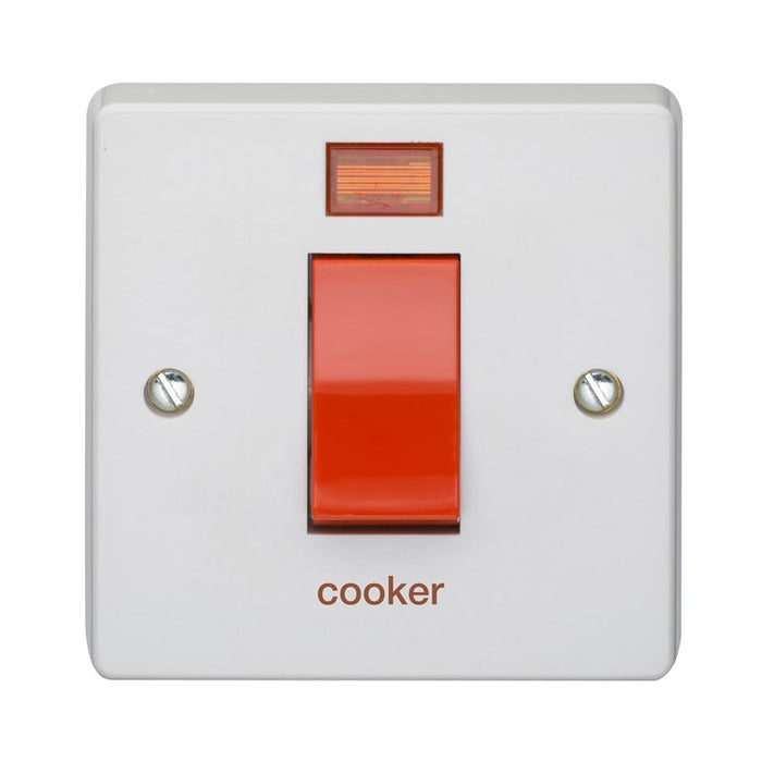 Crabtree 4016/3/CK 45A 1 Gang Double Pole Control Switch With Neon Printed "Cooker"