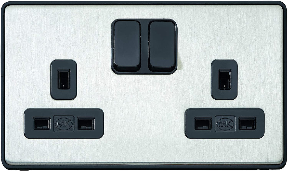 MK Electric MHFP014SSTB Front Plate 1 Gang 13A DP Dual Earth SWD Socket 86 X 86mm Satin Steel Black